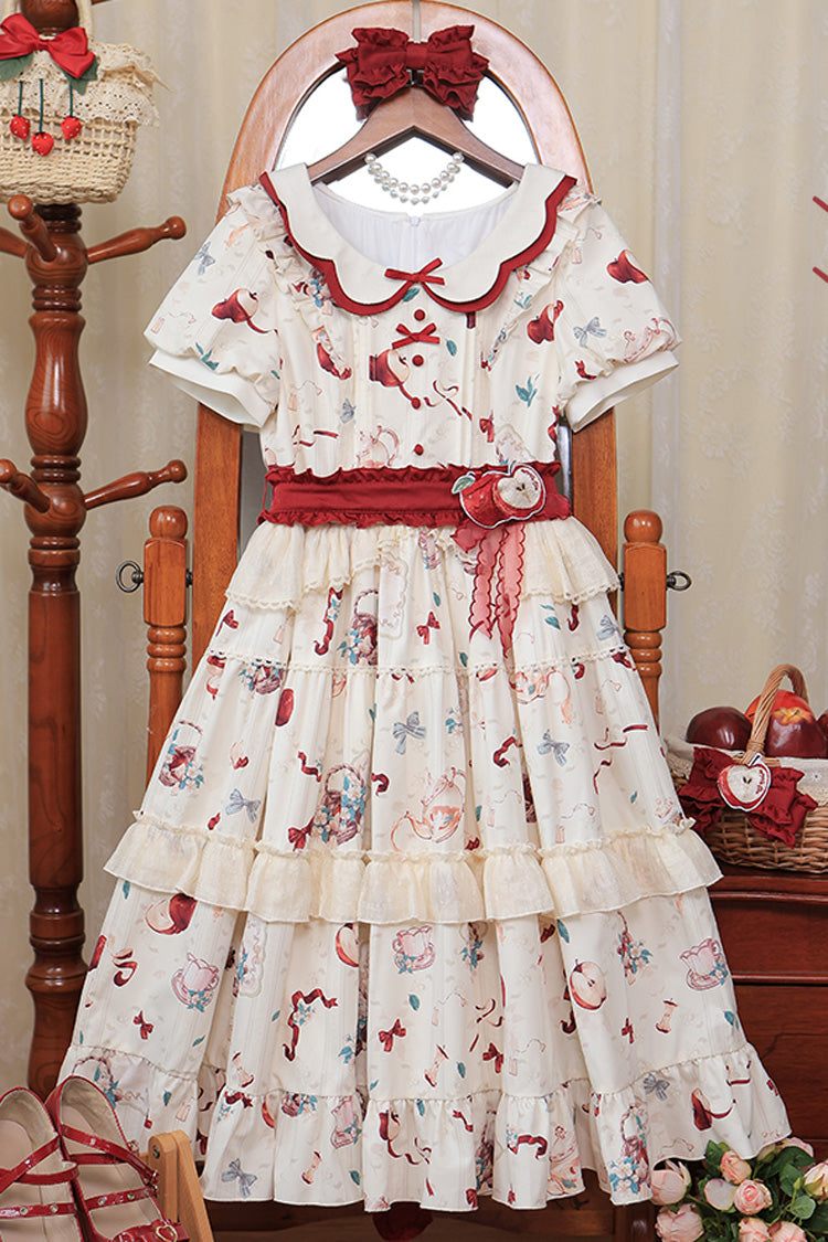 Ivory Apple Tea Print Short-Sleeve Country Ruffle Bow Sweet Lolita Dress