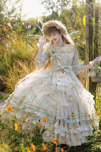 Emerald Daisy Lapel Half-Sleeve Layered Bow Lace Plus-Size Princess Dress