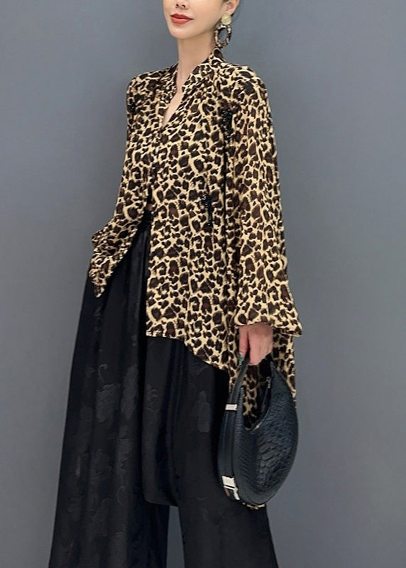 Fashion Leopard Stand Collar Asymmetrical Design Tops Fall AO1007