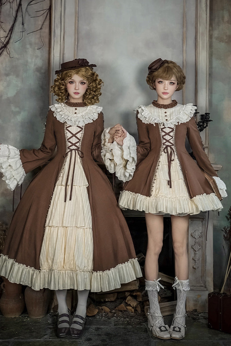 Nutcracker Stand Collar Trumpet Sleeve Lolita Dress Set with Bow - Lace-Up