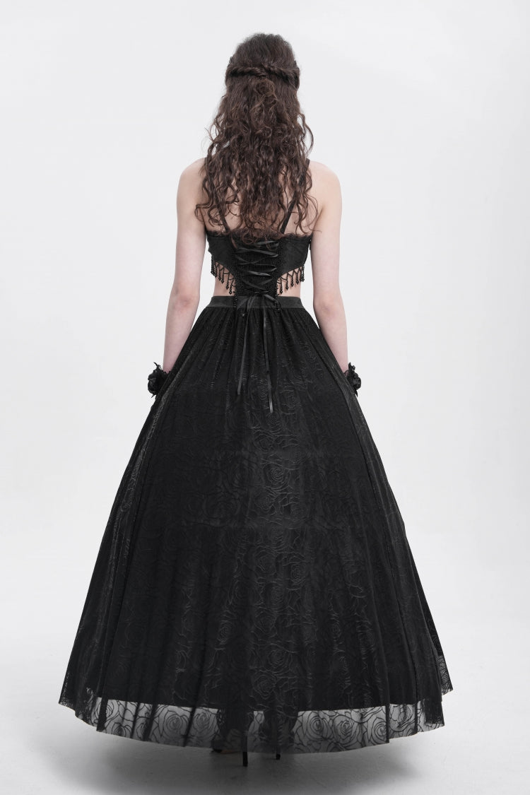 Women's Gothic Party Slip Dress with Floral Embroidery and Lace Ripped in Black Jacquard