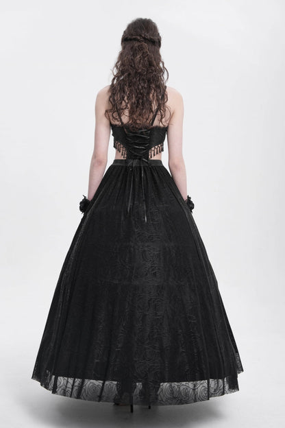 Women's Gothic Party Slip Dress with Floral Embroidery and Lace Ripped in Black Jacquard