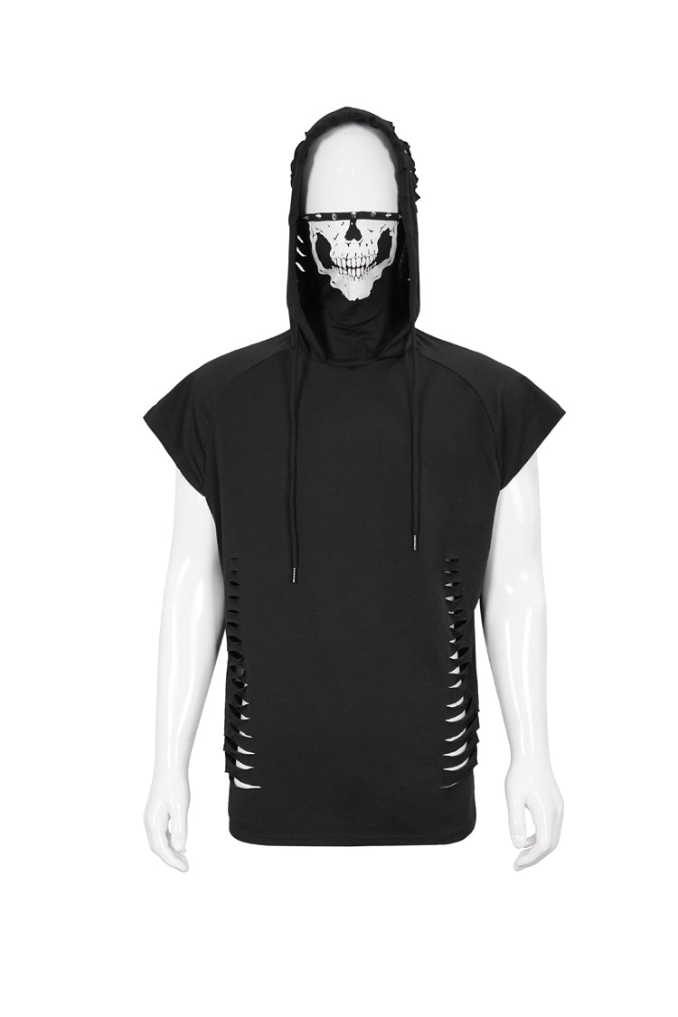 Hooded Punk Tee with Skull Print and Mask