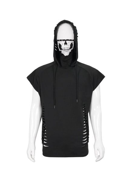 Hooded Punk Tee with Skull Print and Mask
