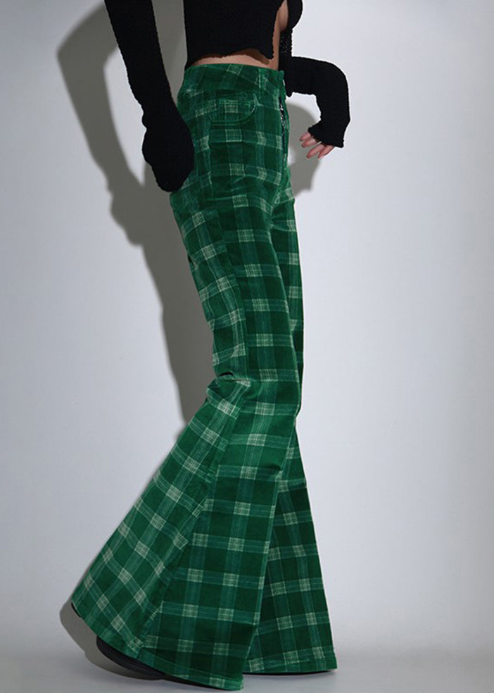 Chic Green Plaid Pockets Corduroy Flare Bottoms Spring TT1012