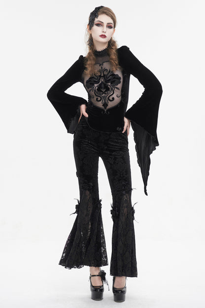 Dark Floral Lace Trimmed Flared Trousers for Women - Gothic
