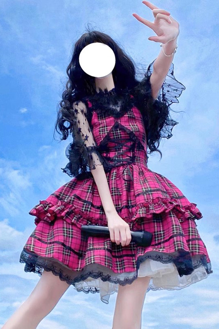 Crimson Lolita JSK Dress with Layered Ruffles and Bow Accents