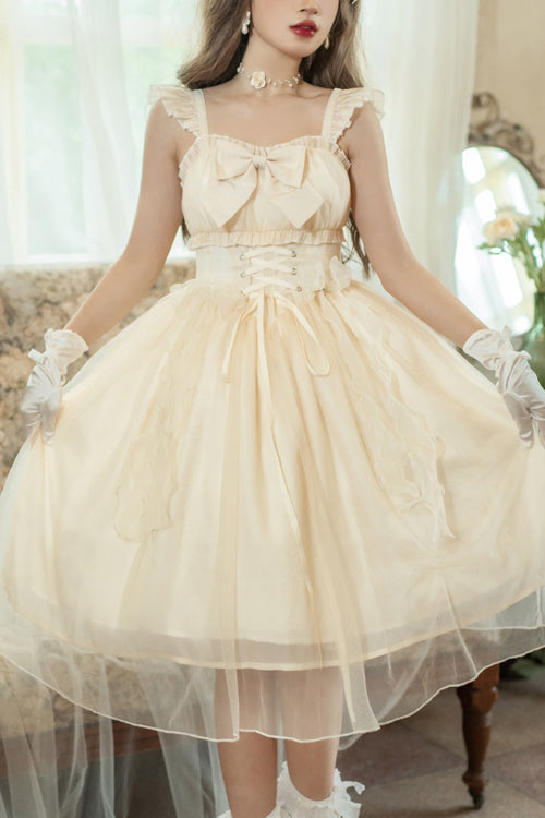 Sweet Lolita JSK Gown with Ruffled Straps, Bow & Sleeveless Design