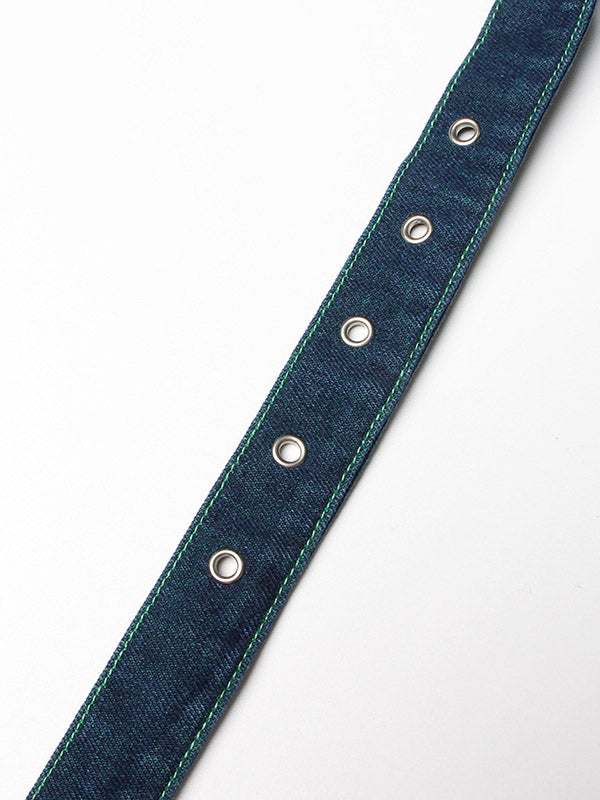 Jupe trapèze en tulle bleu vert avec patchwork en jean et ceinture TT1038 