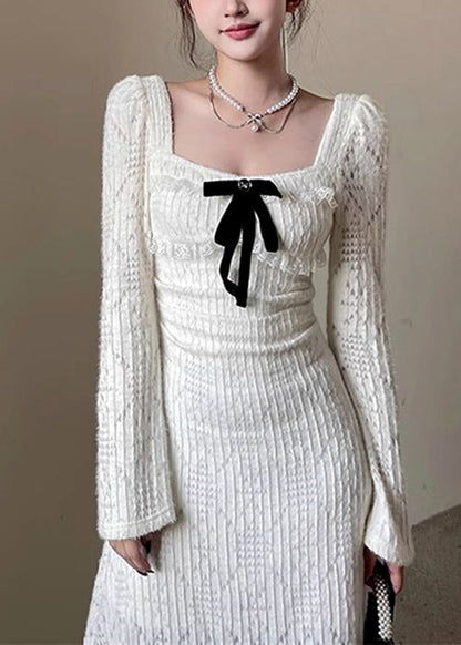 Dresses Hollow Square White Cotton Long Collar Spring Out Elegant