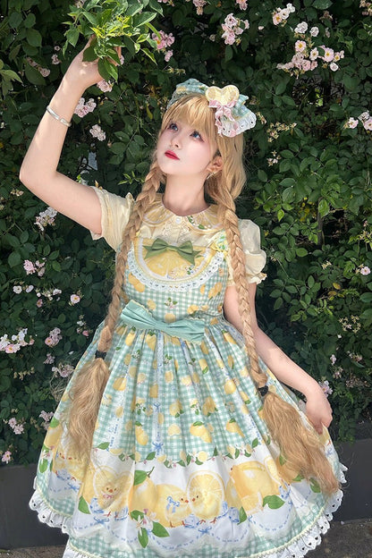 Emerald Lemon Chicken Print Ruffle Bowknot Sweet JSK Dress