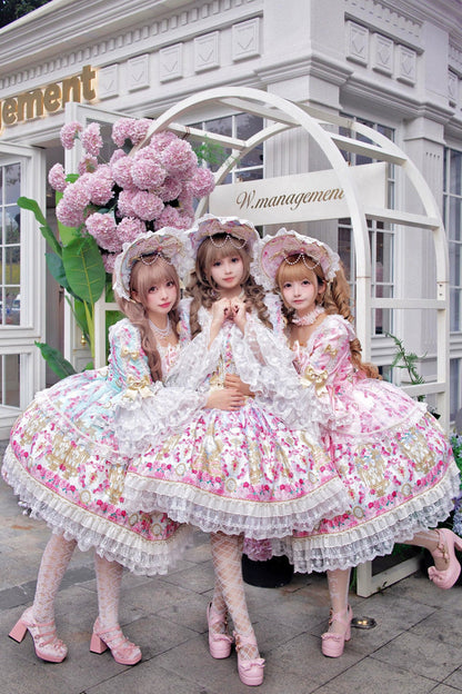 Square Collar Long Trumpet Sleeve Printed Ruffled Bow Lace-Up Sweet Lolita Dress in Mint Green/Pink - Rose Garden Prelude
