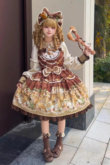 Squirrel Chocolate Shop Lolita JSK Dress with Blouse - Ruffled Bow Print