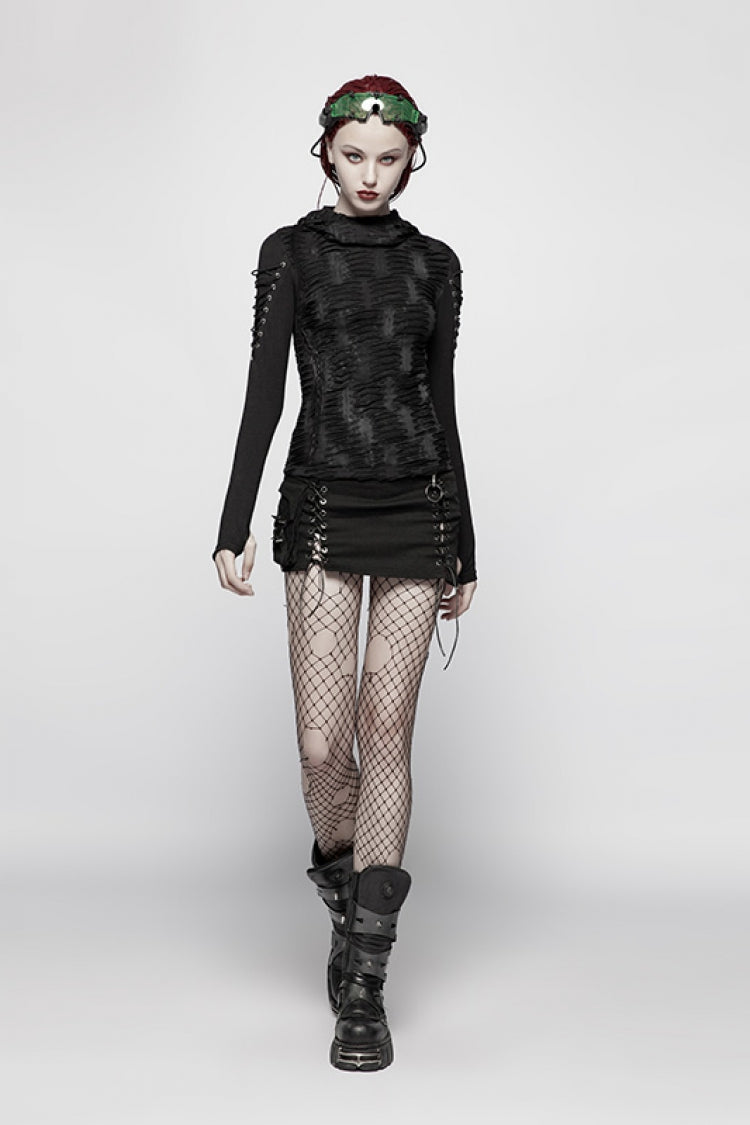 Ebony Long-Sleeve Fitted Hooded Ripped Steampunk Tee