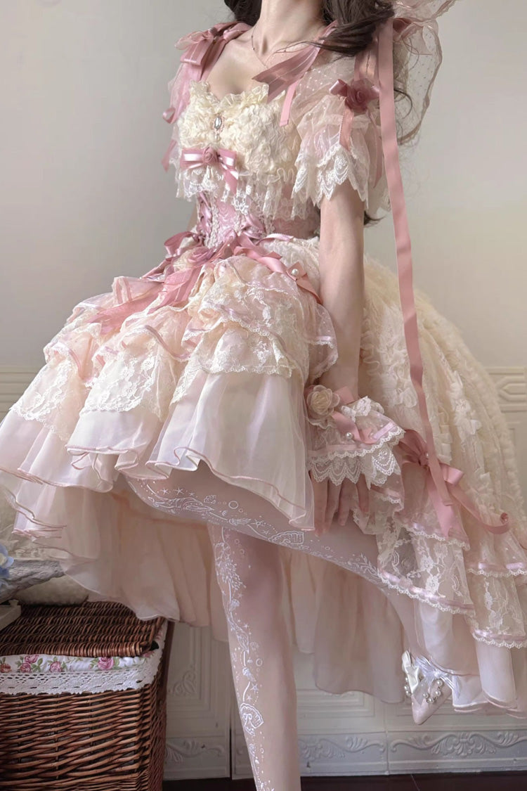 Blush Short Sleeves Jacquard Ruffled Cardigan Lace Dress