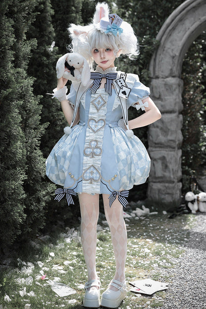 Azure Dedicated to Alice Square Collar Short Sleeve Jacquard Print Ruffled Bow Lolita Set