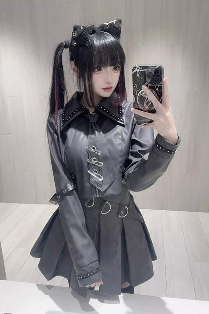 Japanese Handsome Top and Skirt Set with Studded Eyelet in Black