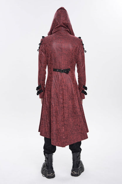 Crimson High-Neck Punk Hooded Jacket with Prints, Studs, and Zippers