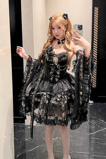Ebony Sleeveless Tiered Bow Pearl Princess Gown - Golden Obsidian Night