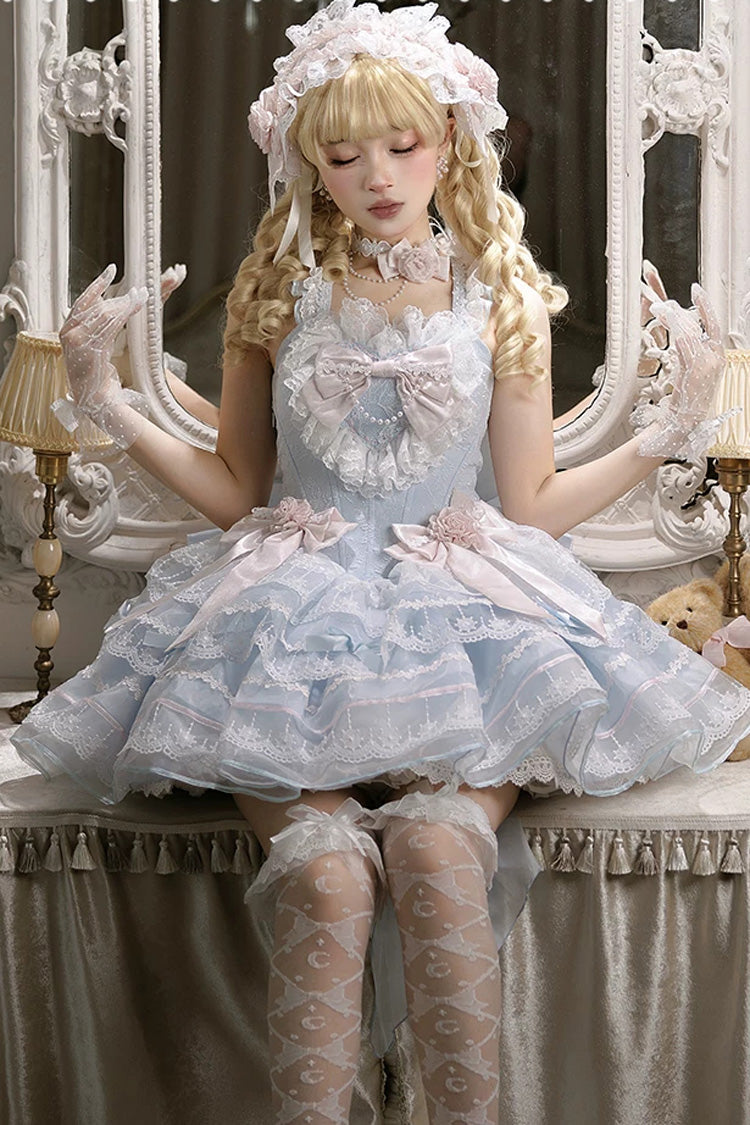 Azure Crystal Isle Square Collar Sleeveless Multi-Layered Jacquard Ruffled Bow Sweet Balletcore Lolita Tiered Gown