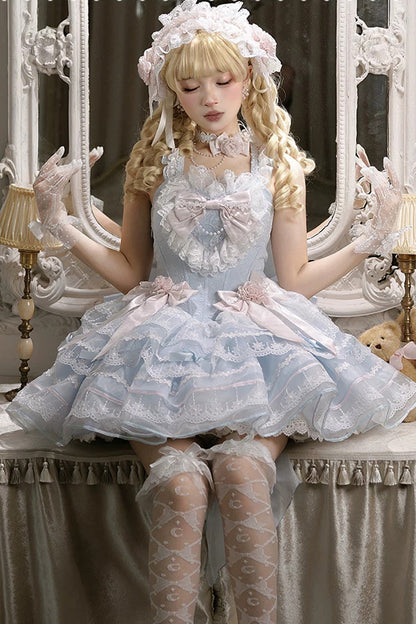 Azure Crystal Isle Square Collar Sleeveless Multi-Layered Jacquard Ruffled Bow Sweet Balletcore Lolita Tiered Gown
