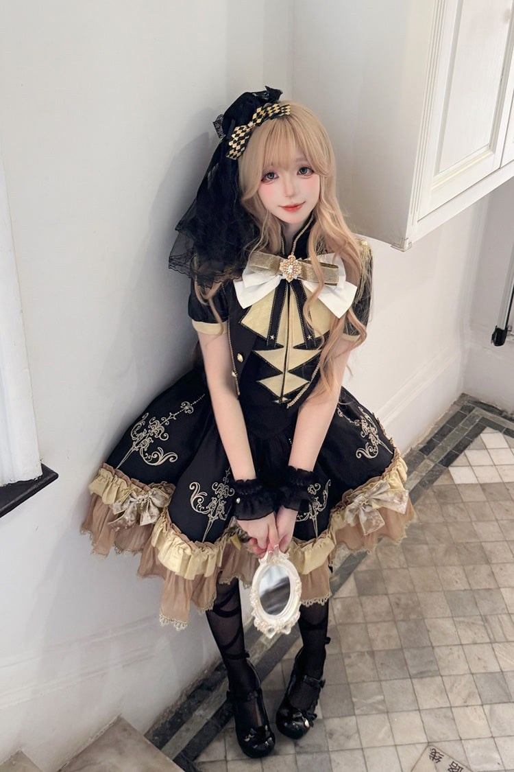 Ebony Short-Sleeve Double-Layered Embroidered Bow Gothic Dress - Gilded Oath