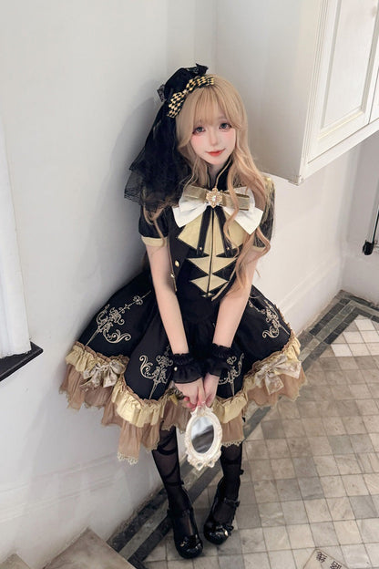 Ebony Short-Sleeve Double-Layered Embroidered Bow Gothic Dress - Gilded Oath
