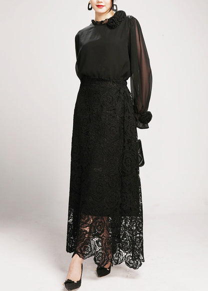 Black Lace Shirts And Maxi Skirts Two Pieces Set V Neck Long Sleeve AO1042