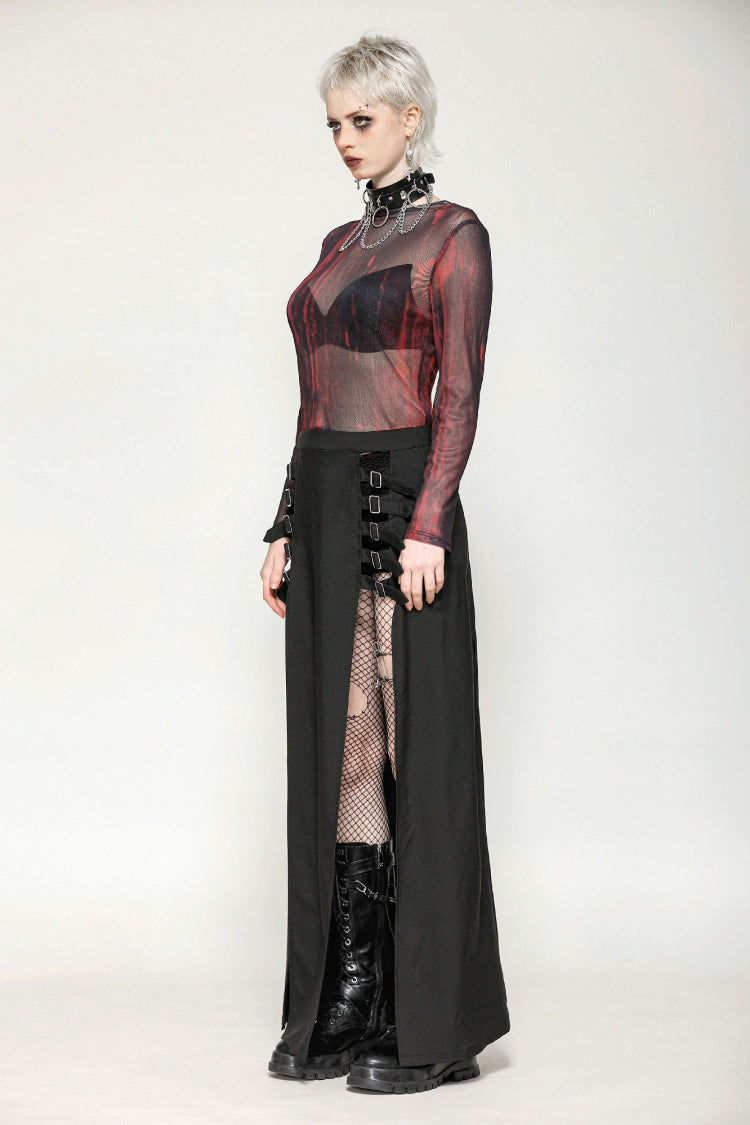 Crimson & Obsidian Round Collar Long Sleeves Sheer Mesh Tie-Dyed Versatile Basic Top