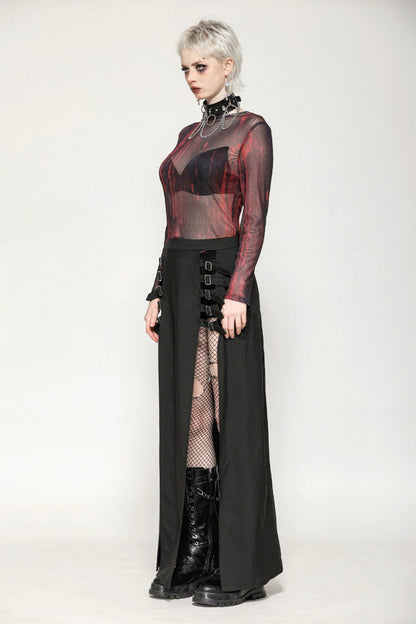 Crimson & Obsidian Round Collar Long Sleeves Sheer Mesh Tie-Dyed Versatile Basic Top