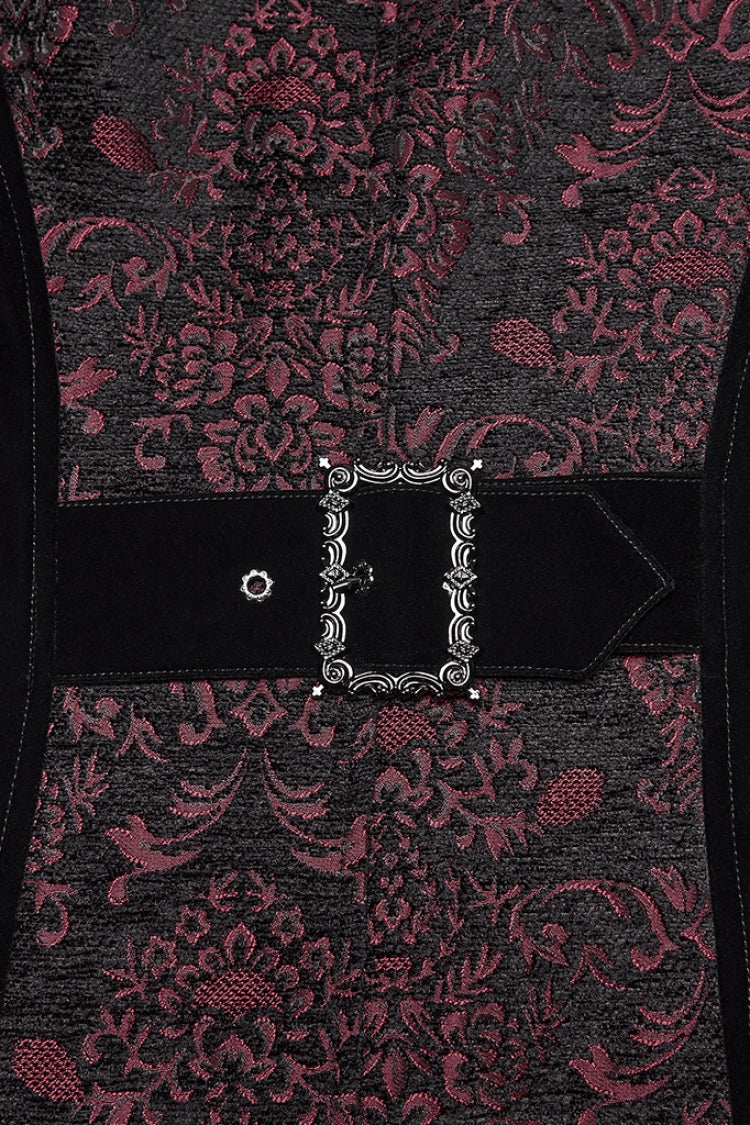 Crimson & Obsidian Stand Collar Long Sleeves Floral Jacquard Double-Breasted Zipper Gothic Coat