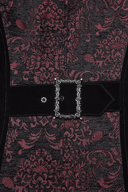 Crimson & Obsidian Stand Collar Long Sleeves Floral Jacquard Double-Breasted Zipper Gothic Coat