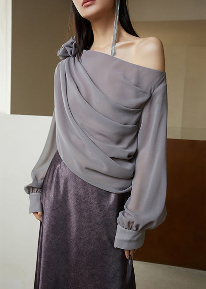 Chiffon Asymmetrical Fashion Sleeve Long Solid Grey Shirt