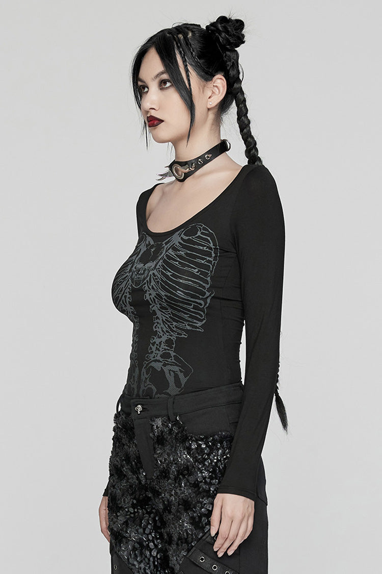 Dark Skeleton-Print Long-Sleeve Top for Women