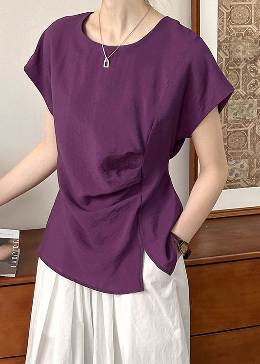 Simple Purple O Neck Front Open CottonTops Short Sleeve AF1086