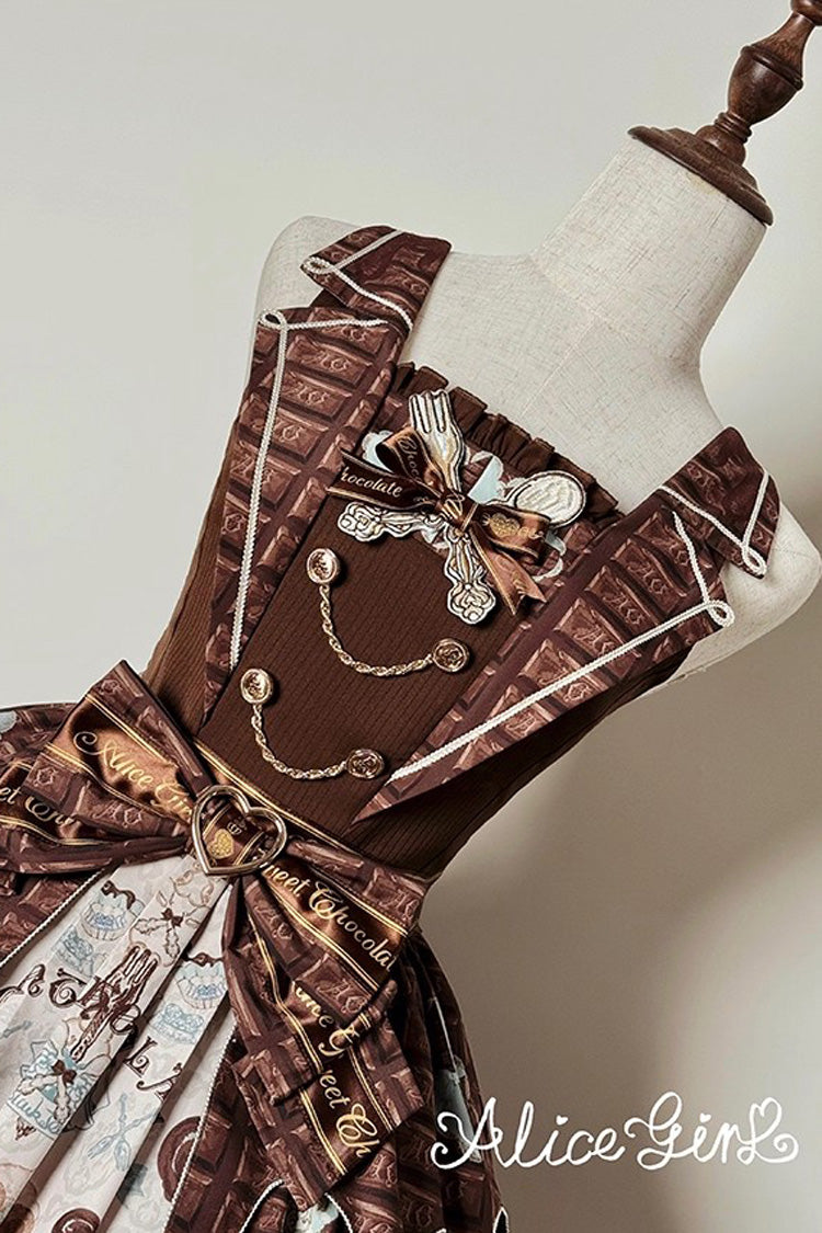 Teddy Bear Chocolate Ruffle Bow Sweet Lolita JSK Dress - Sleeveless Print