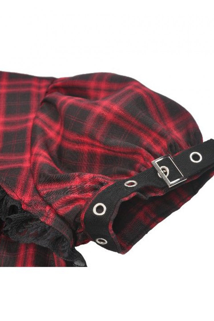 Crimson & Charcoal Tartan Notch Collar Cutout Short Sleeve Laced Punk Retro Mini Dress