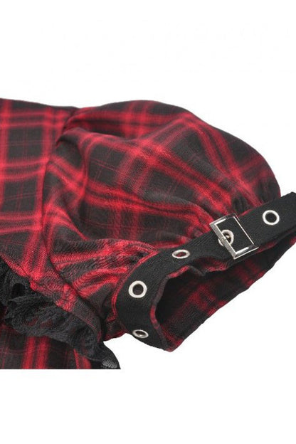 Crimson & Charcoal Tartan Notch Collar Cutout Short Sleeve Laced Punk Retro Mini Dress