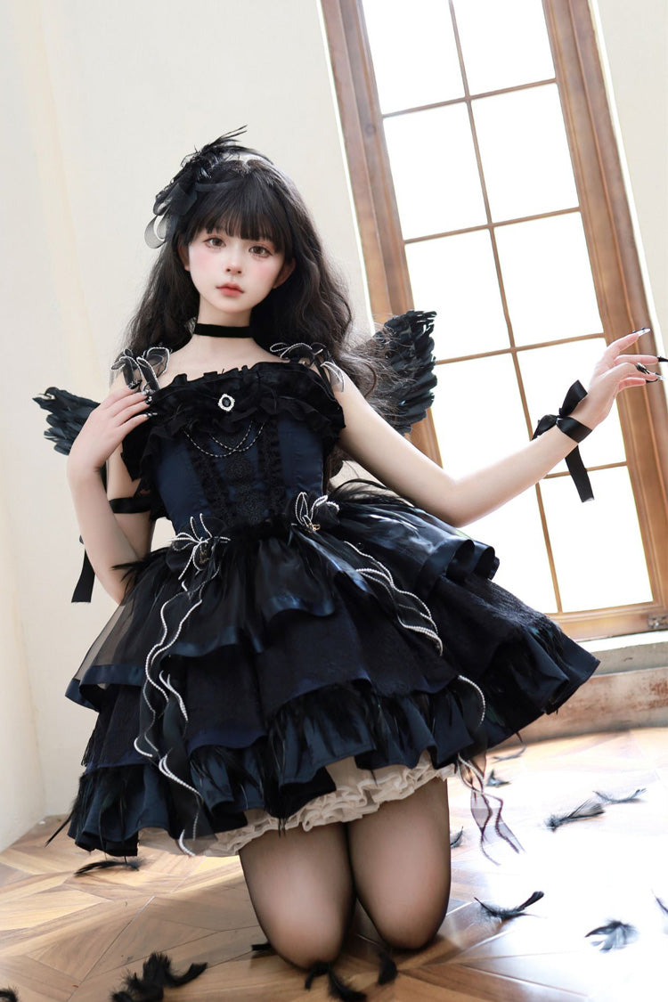 Ballet-Inspired Multi-Layer Ruffle JSK Dress with Bowknot in Three Hues - EtherealGrace