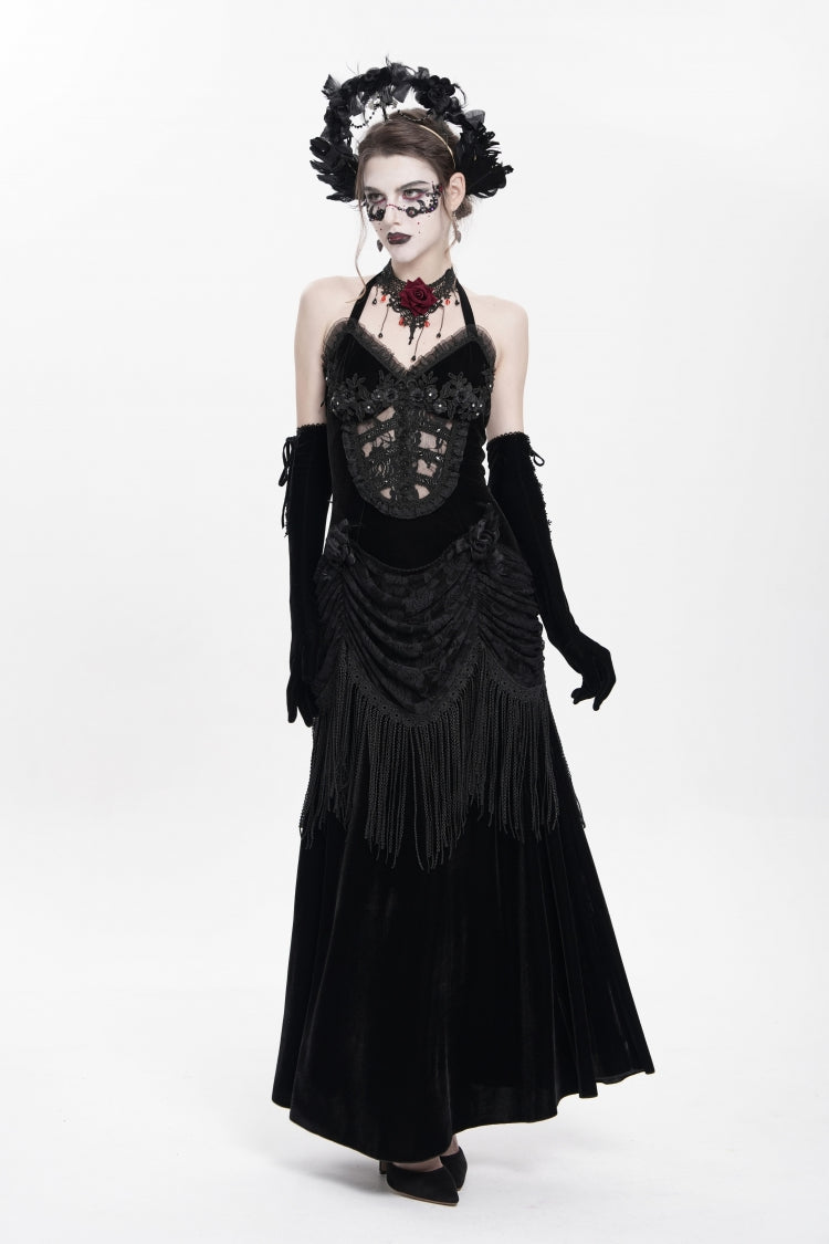 No-Sleeve Floral Lace-Up Pleated Gothic Maxi Gown