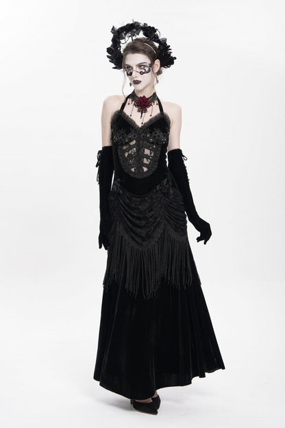 No-Sleeve Floral Lace-Up Pleated Gothic Maxi Gown