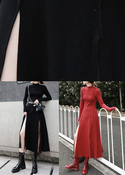 Cotton Open High Dresses Waist Spring Side Long Black