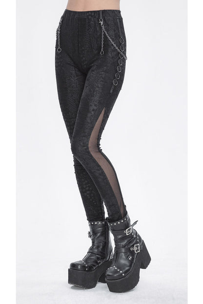 Women's Punk Pants with Stitching Lace and Print in Black Jacquard