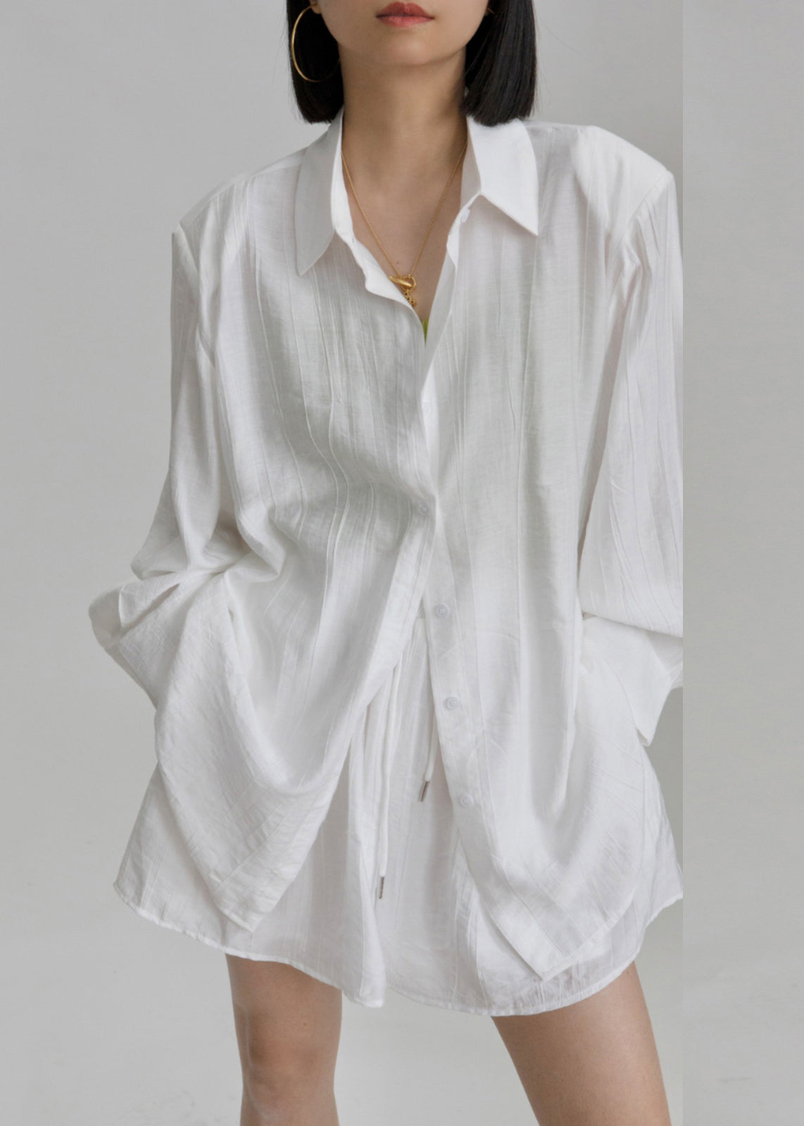 Casual White Peter Pan Collar Shirts And Shorts Two Pieces Set Long Sleeve AN1031