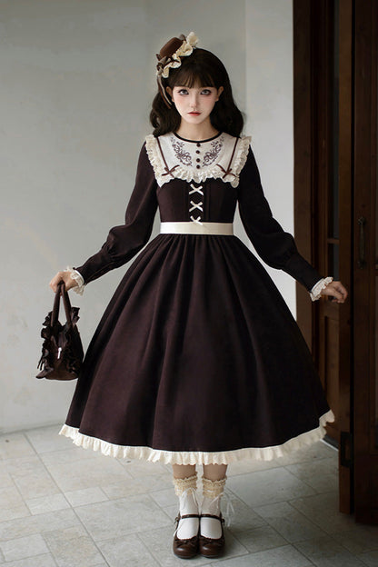 Rustic Brown Embroidered Ruffle Sleeve Sweet Lolita Gown - Miss Brown