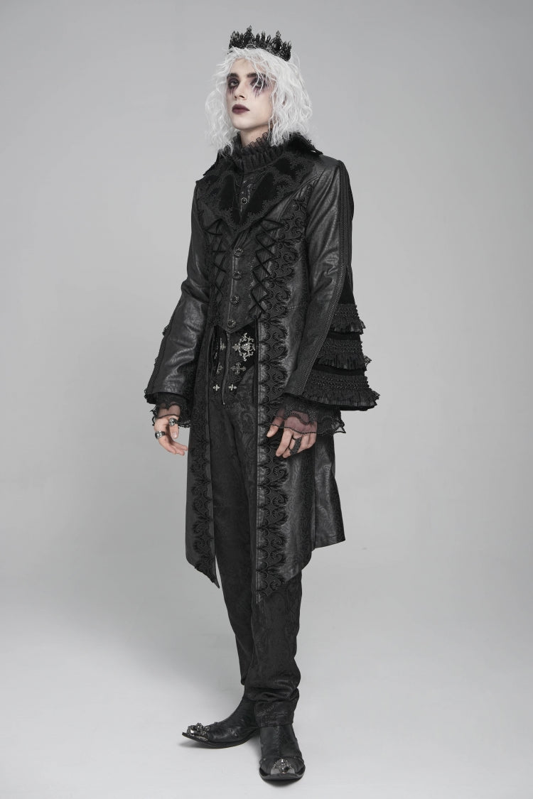 Ebony Flared-Sleeve Floral Crochet Lace-Up Men's Gothic Overcoat