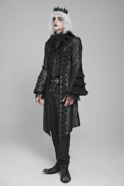 Ebony Flared-Sleeve Floral Crochet Lace-Up Men's Gothic Overcoat