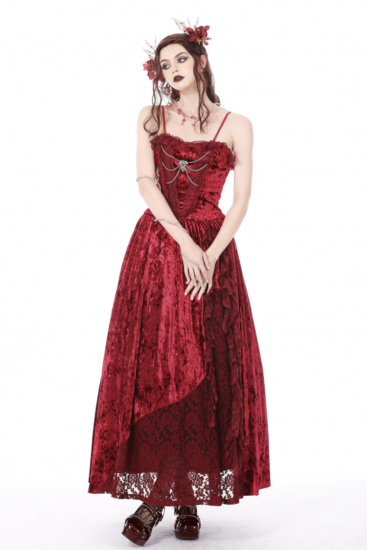 Crimson Sleeveless Gothic Velvet Slip Maxi Dress with Lace and Chains