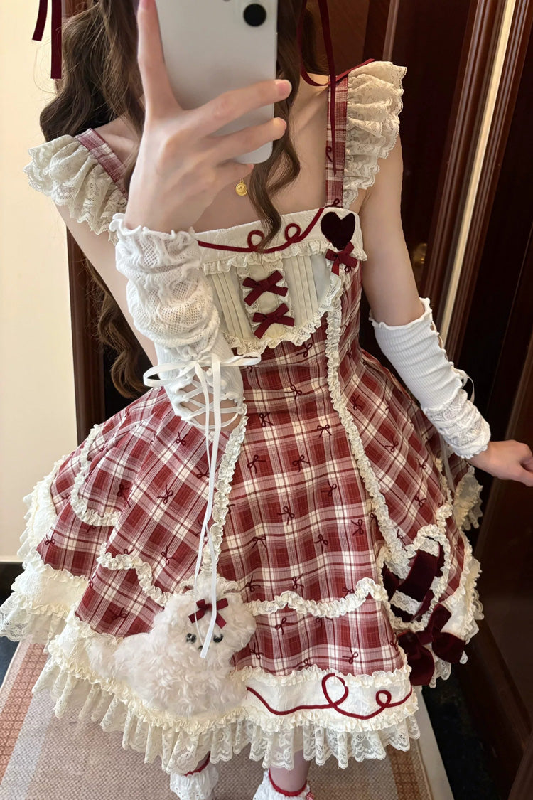 Crimson Square-Neck Sweet Lolita JSK Set with Plaid and Lace