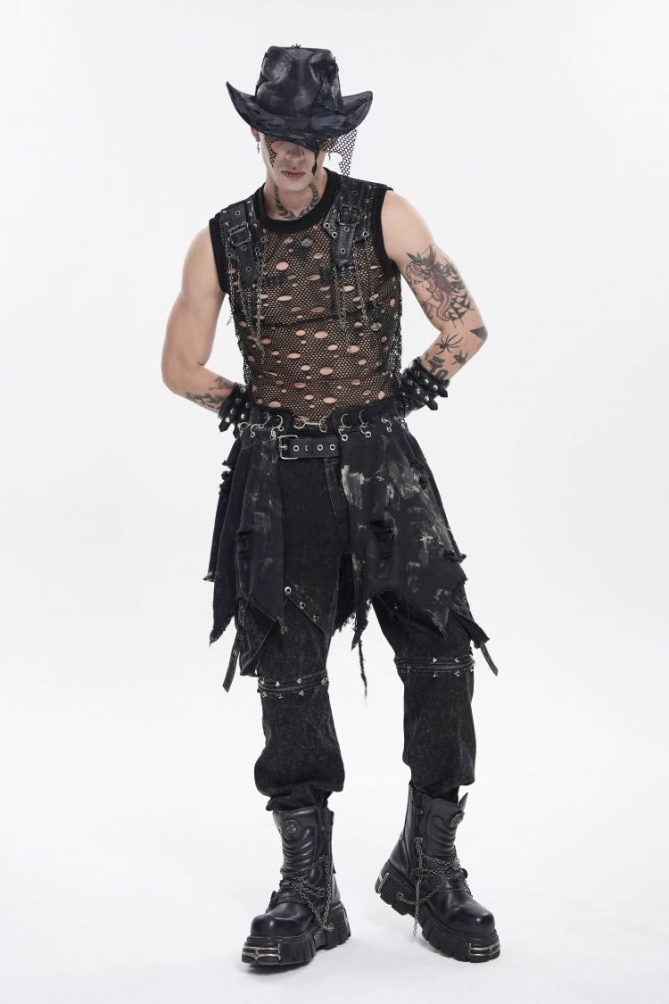 Punk Skirt for Men with Black Irregular Ripped Buckled Pleated Chain Design